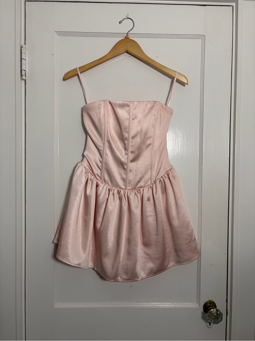 Strapless Blush Pink Satin Lace-Up Mini Dress
